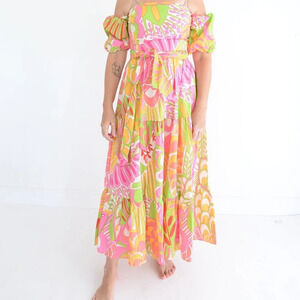 Flora Bea NYC Oly Pink Green Floral Tropicana Print Off Shoulder Maxi Dress S NW